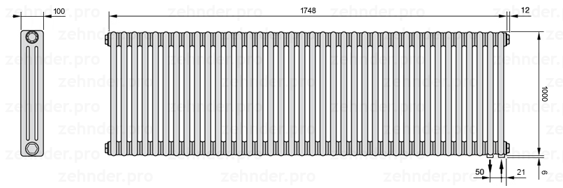Схема (чертеж) Радиатор Zehnder Charleston 3100/38 №5510 Белый глянцевый RAL 9016